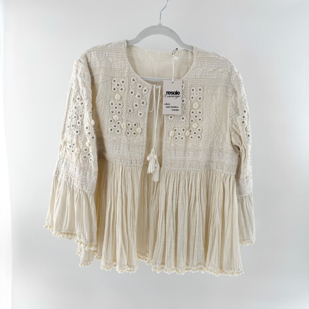 Cotton Embroidered 3/4 Sleeve Pleated Tie Neck Boho Jacket  Cream Women's Large